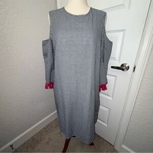 Charlie Paige Curvy Open Shoulder Fringe Gingham Print Dress